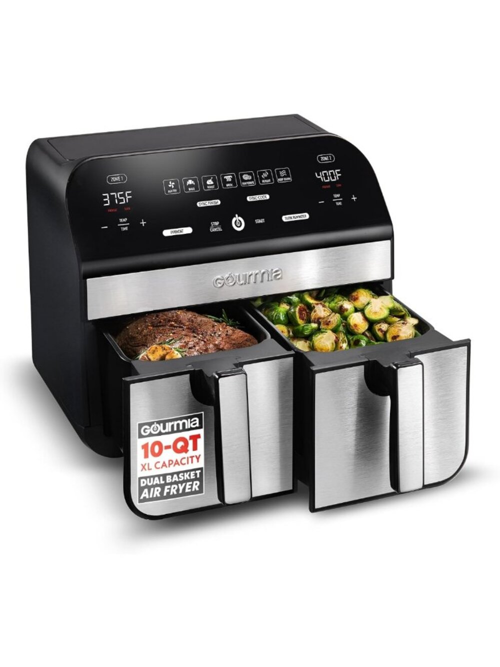 10 Qt Dual Basket Air Fryer - Stainless Steel, Healthy Cooking, Easy Clean